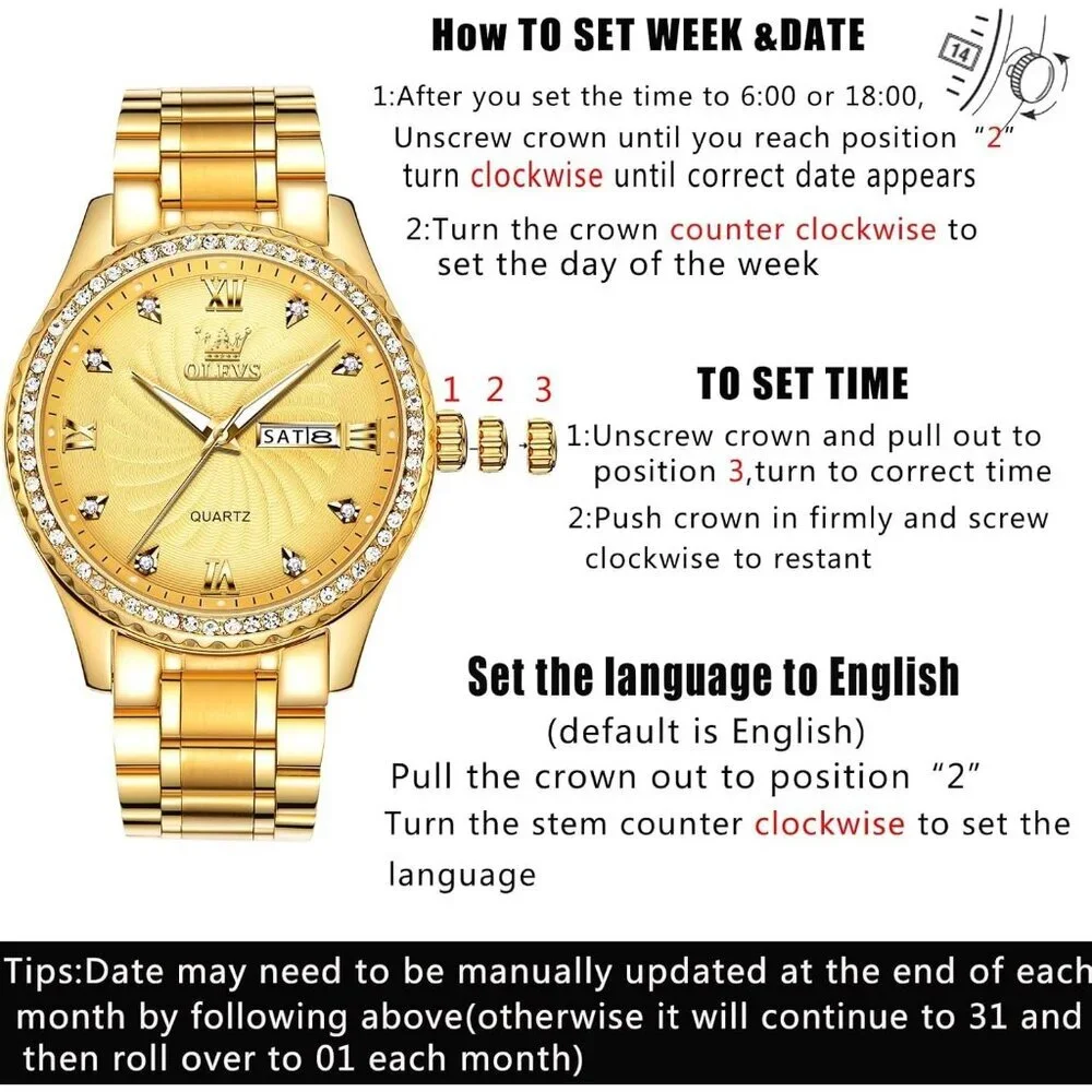 Olevs Men's Gold Steel Golden-Dial Waterproof Stainless Luminous Stylish Watch